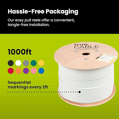 Miniatura 5 de TRUE CABLE Cable Ethernet a granel de elevación blindada Cat6A (CMR), 1000 pies, blanco, cobre sólido desnudo 23 AWG, 750 MHz, FUTP, PoE++ 100 W,