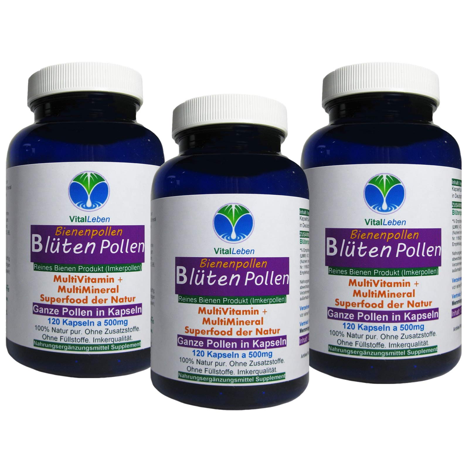 BLÜTENPOLLEN - GANZE Bienenpollen in Kapseln - MultiVitamin + MultiMineral NATUR PUR - 360 (3x120) Kapseln Imkerqualität - HOCHWIRKSAM. OHNE ZUSATZSTOFFE. 26925-3