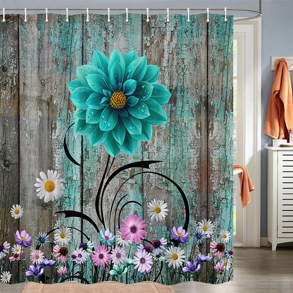 Rustic Farmhouse Floral Shower Curtain Set - Spring Daisy and Wooden Design With Hooks, 72x78 Inch, Teal