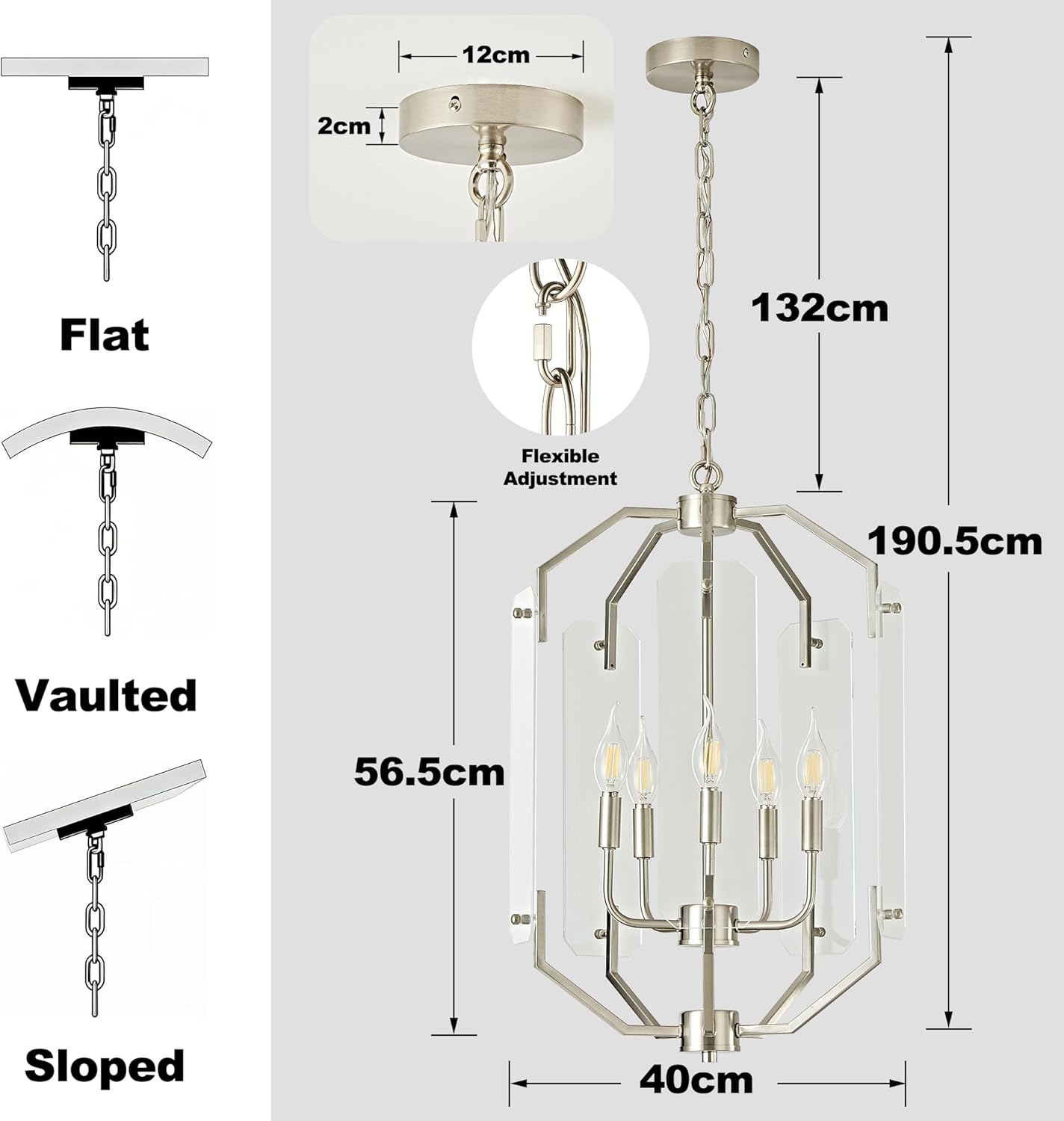OKELI Brushed Nickel Lantern Chandelier 5-Light, 15.7" Farmhouse Dining Room Light Fixture with Glass Panels, Adjustable Hanging Pendant Light for Entryway Kitchen Island E12
