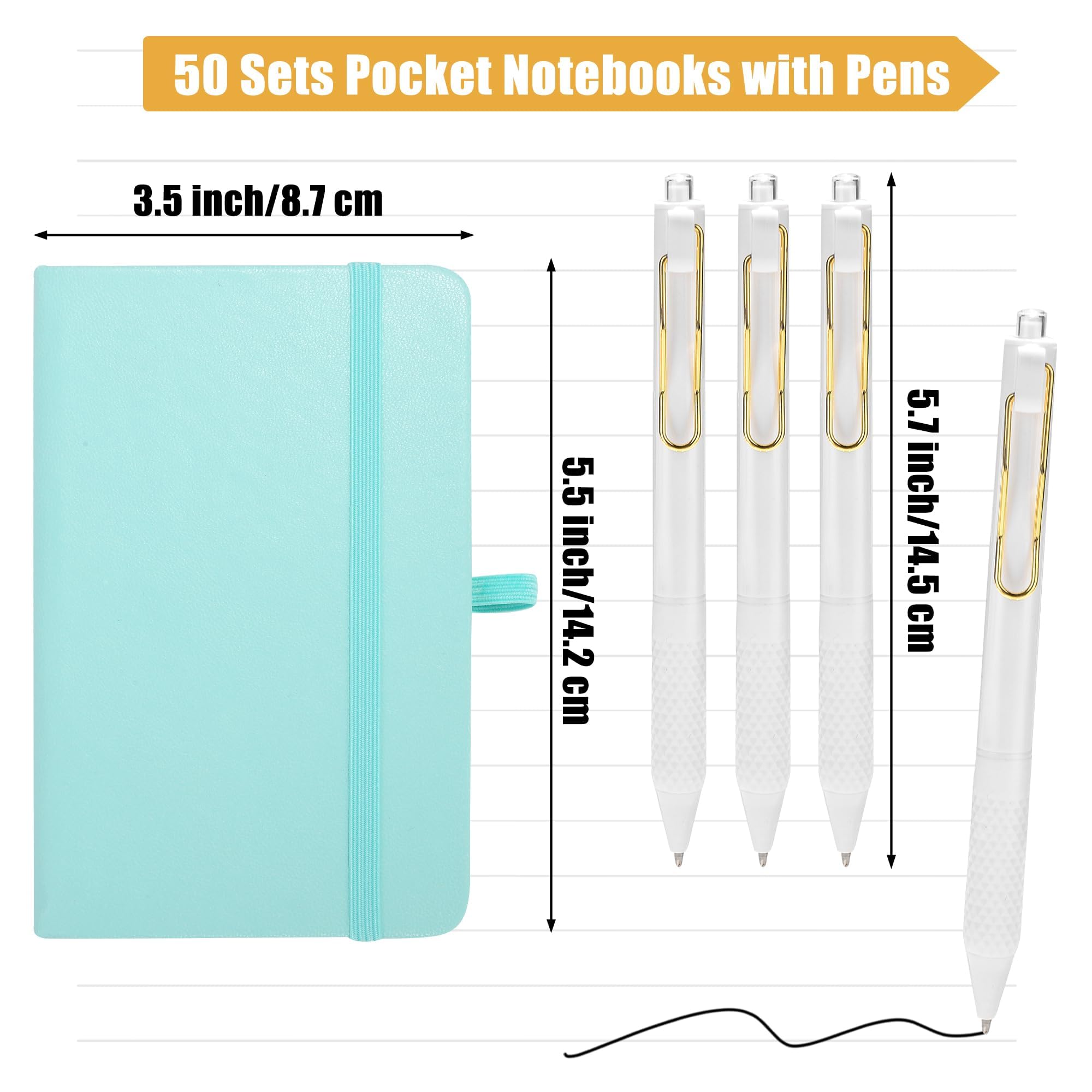 Aodaer 50 juegos de cuadernos de bolsillo con bolígrafos, 160 páginas, 3.5 x 5.5 pulgadas, mini cuaderno rayado A6 de cuero de tapa dura con soporte para bolígrafo para la escuela, oficina, multicolor