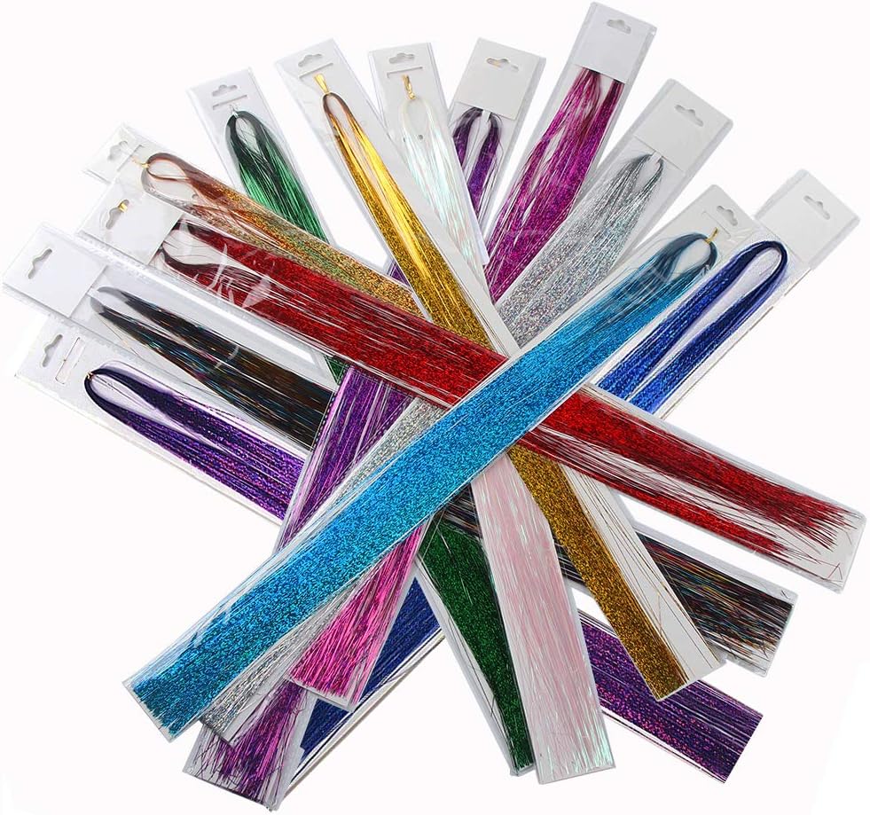 40" Hair Tinsel 1200 Strands Hair Extensions Sparkling Shiny Party Stage Dance Highlights Glitter Bling Multi-Colors in 12 Colors