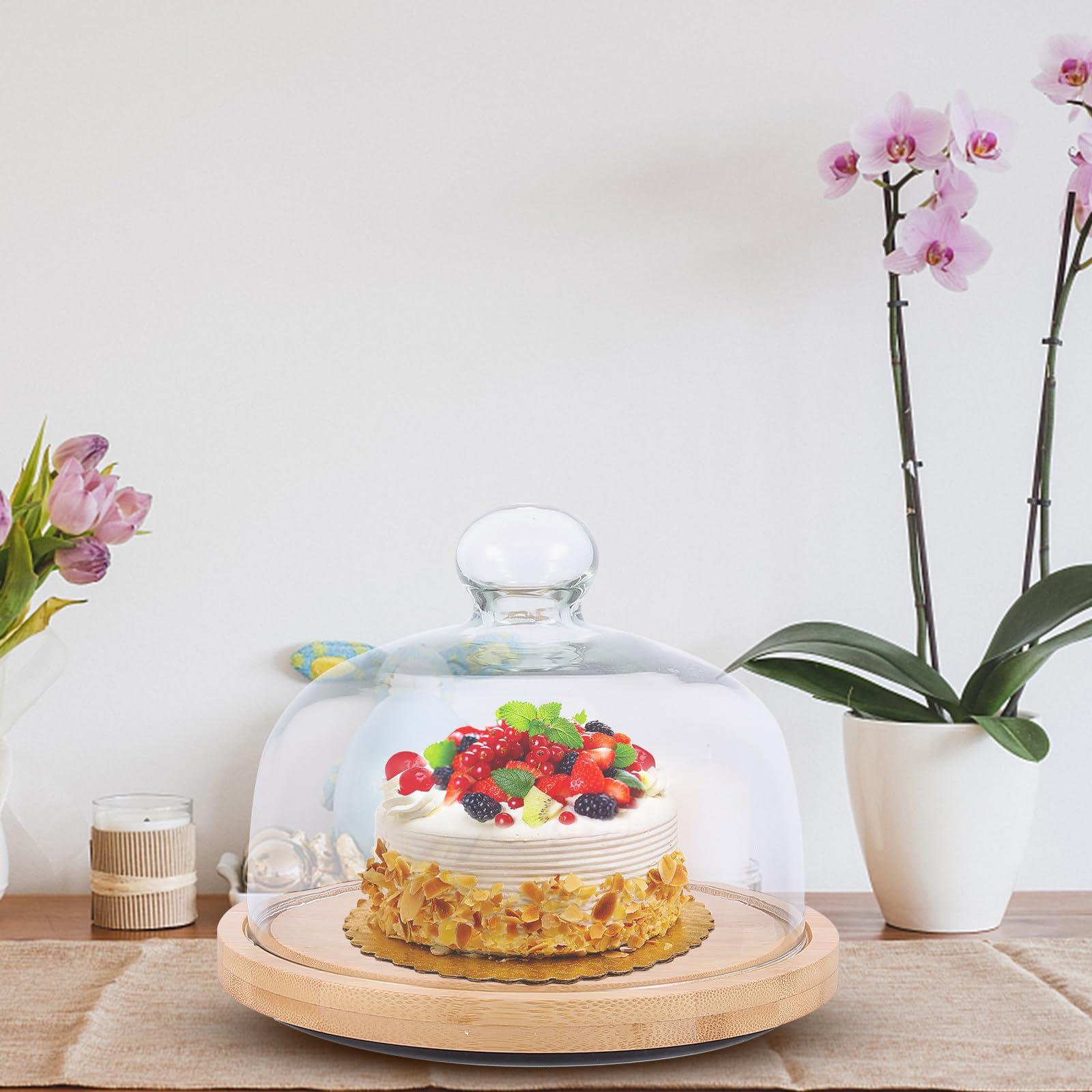 Cúpula Giratoria para Pastel con Bandeja de Madera y Vidrio Khaki, Expositor Práctico para Postres y Aperitivos con Asa Redondeada y Tapa Transparente
