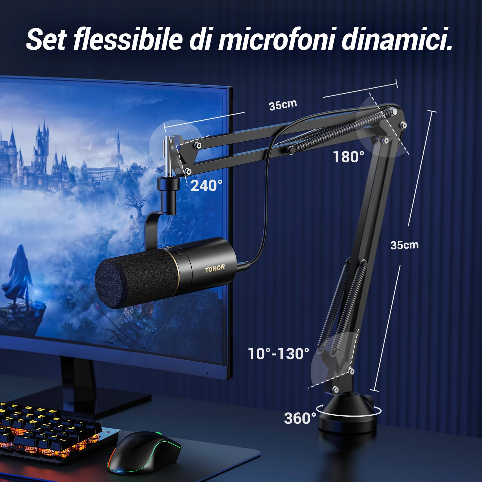TONOR PC Microfono Dinamico Podcast, USB/XLR Microfoni Gaming con asta, Mic in,etallo Cardioide con Jack da 3,5 mm per Giochi, Podcasting, Streaming, Registrazione Vocale,Youtube, Discord, ASMR,TD510+