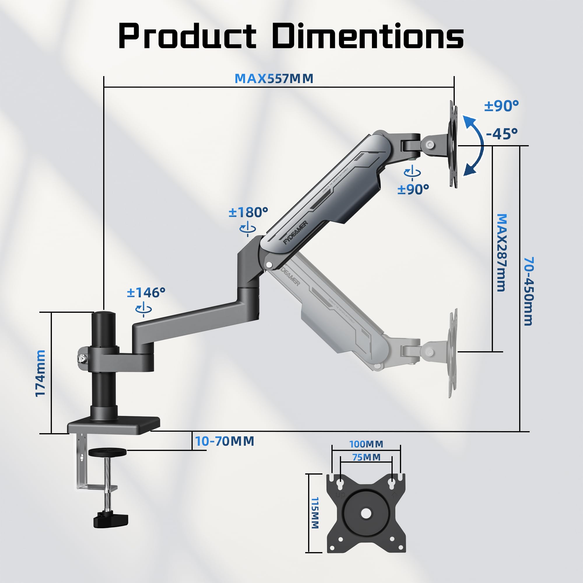 Fydeamer Supporto per monitor a molla a gas singola, braccio per monitor da 17-32 pollici a 9 kg, supporto per schermo con regolazione in altezza e inclinazione, supporto da scrivania VESA con due