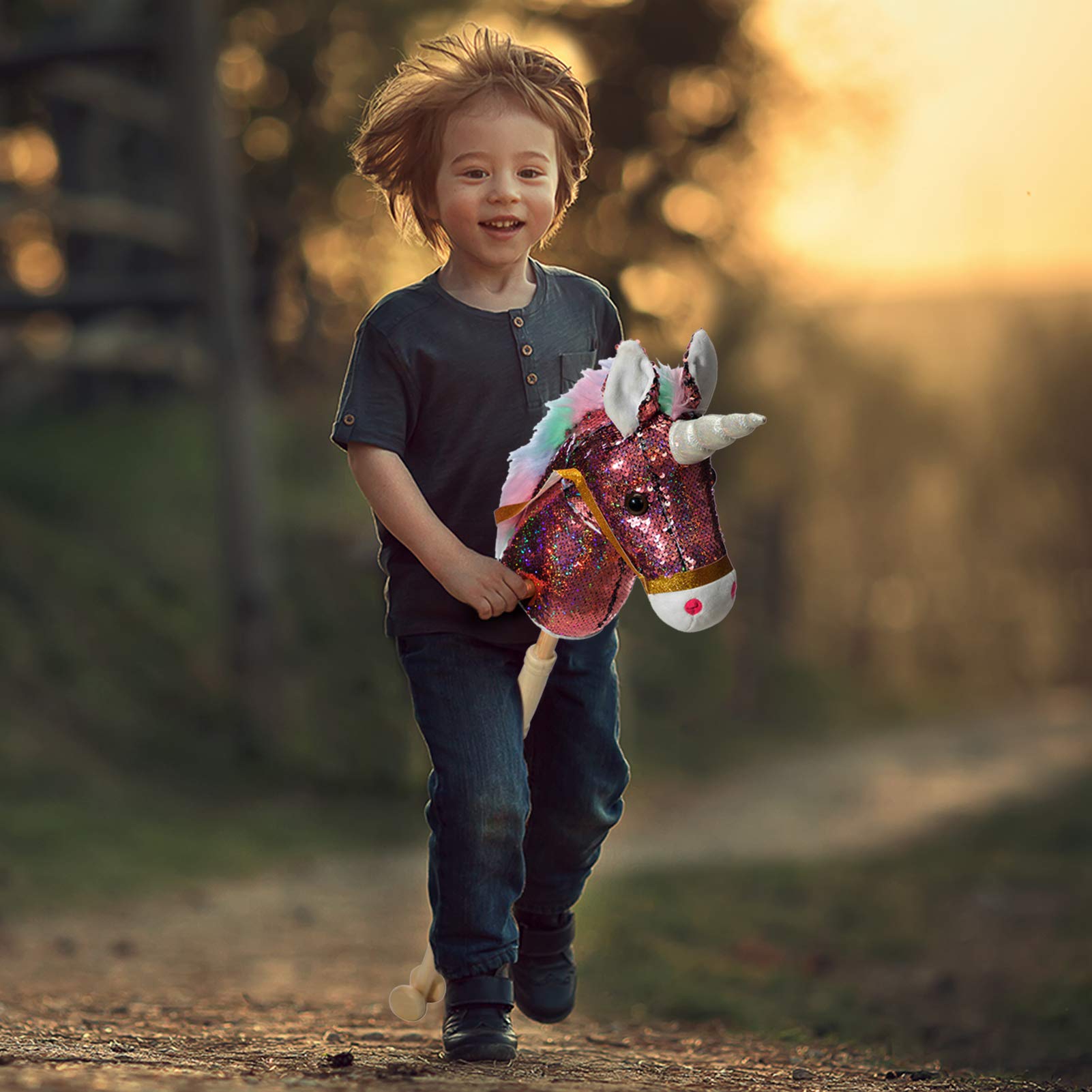 HollyHOME Sequin Unicorn Stick Horse with Wood Wheels Real Pony