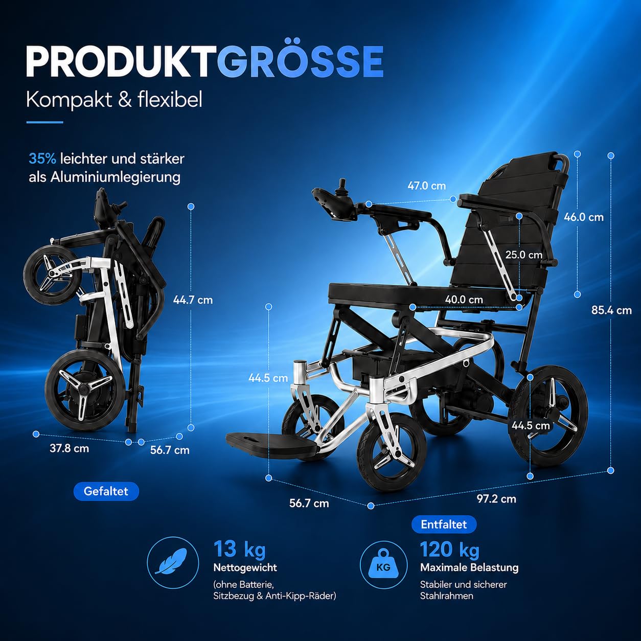 Fauteuil roulant électrique pliable de 13 kg, avec éclairage LED, portée de 48 km +, fauteuil roulant électrique tout-terrain, fauteuil roulant motorisé portable, homologué pour les voyages en