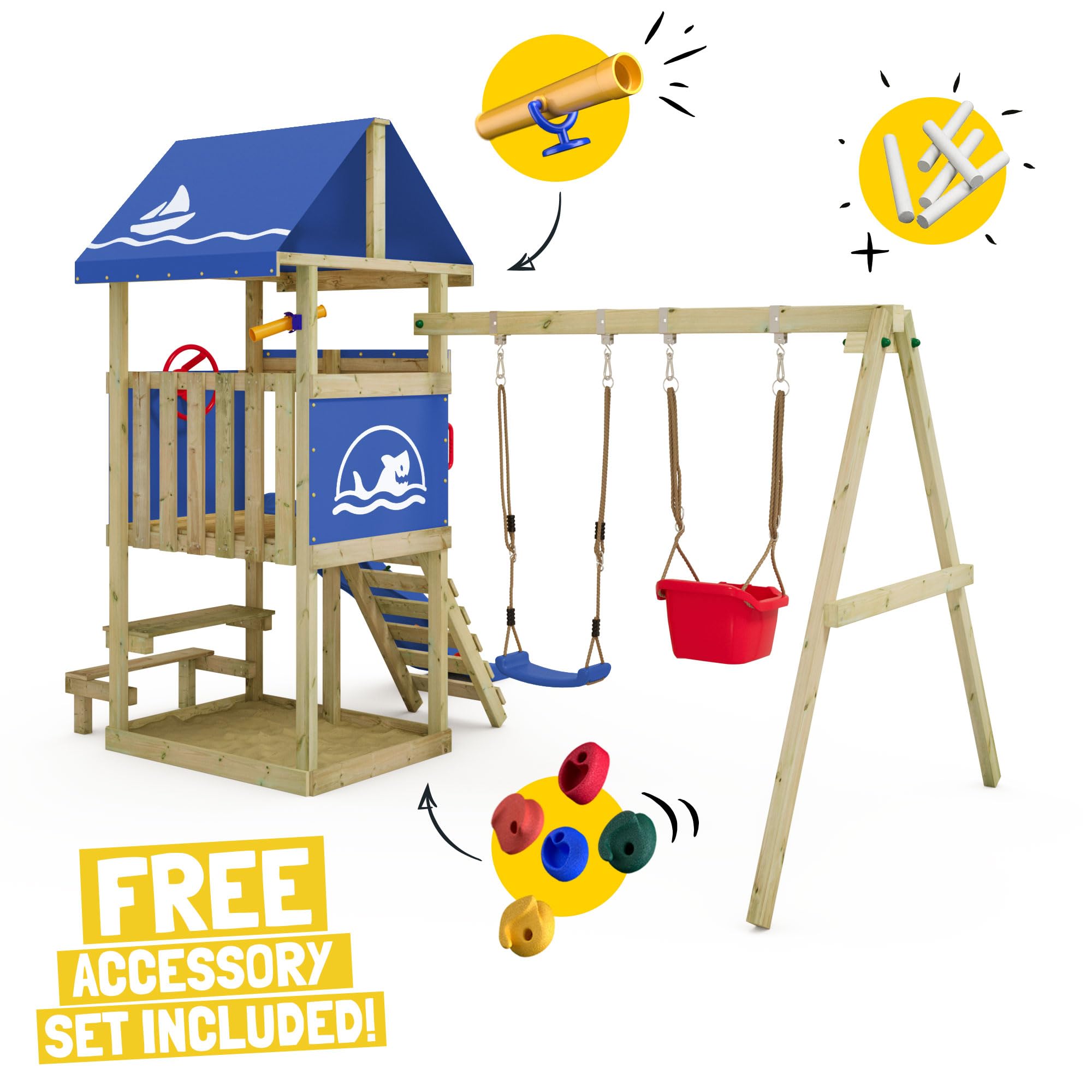 Wickey Torre de juegos DinkyHouse con mesa de pícnic, tobogán azul y lona, torre de escalada infantil para el jardín de madera maciza, 334 x 317 x 247 cm