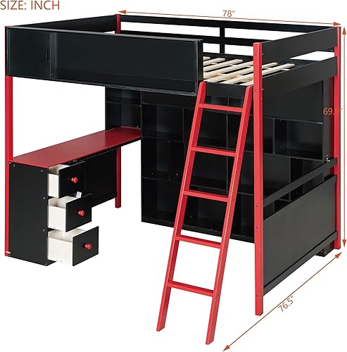 Miniatura 133 de Cama tipo loft de tamaño individual con 3 estantes, 2 armarios y 2 cajones, cama alta funcional con escalera de almacenamiento, marco de cama loft