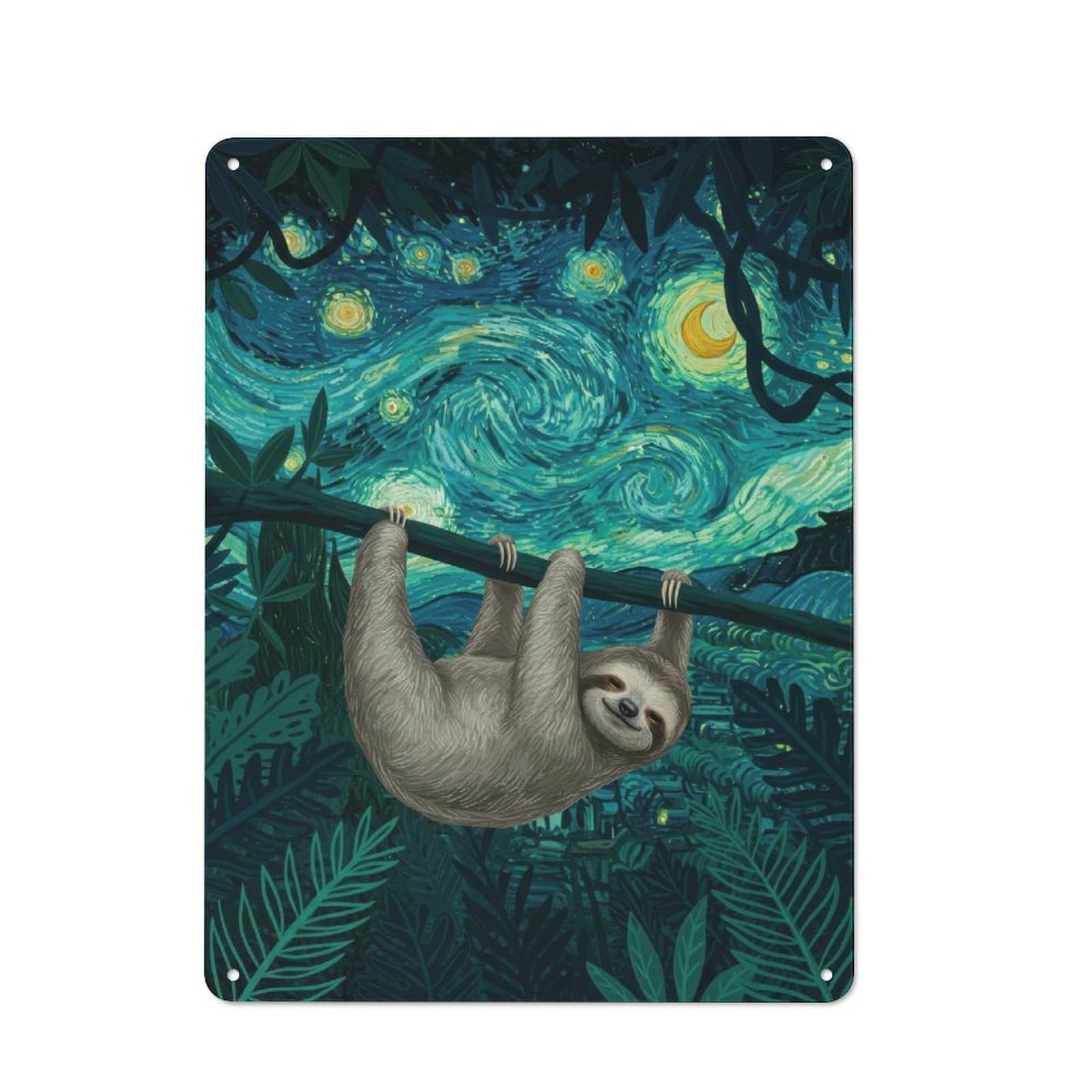 Junmoney Sloth In Starry Night Jungle Rustic Tin Sign 40X30cm Featuring For Bar Or Restaurant, Seasonal Metal Wall Decor For Autumn Interiors