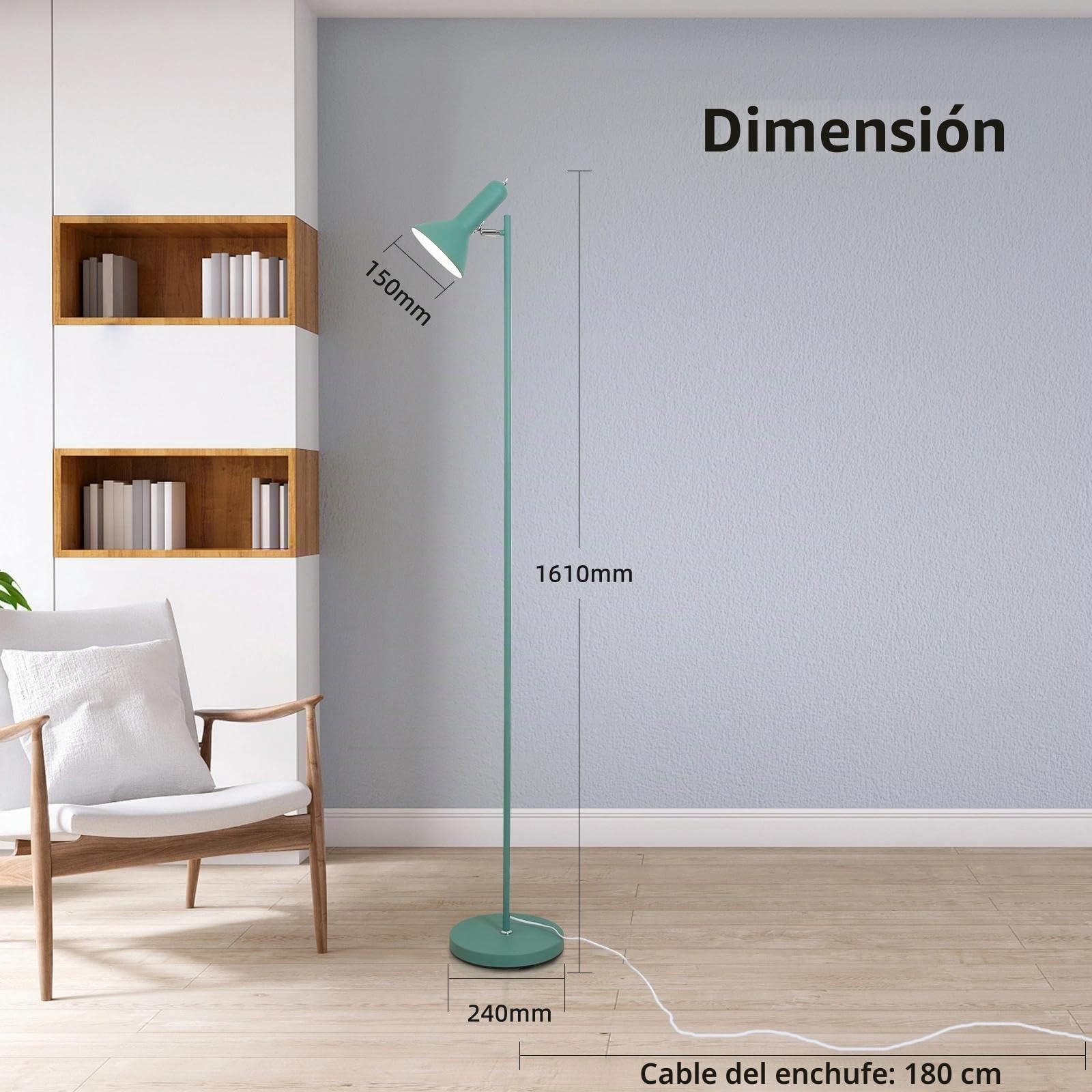 Lámpara de pie de salón DIYA -Verde, 1x E27 Max. 60W, Lámpara de pie de metal retro altura 161CM, Lampara de Pie Lectura Vintage para dormitorio, estudio, oficina(Sin bombilla)