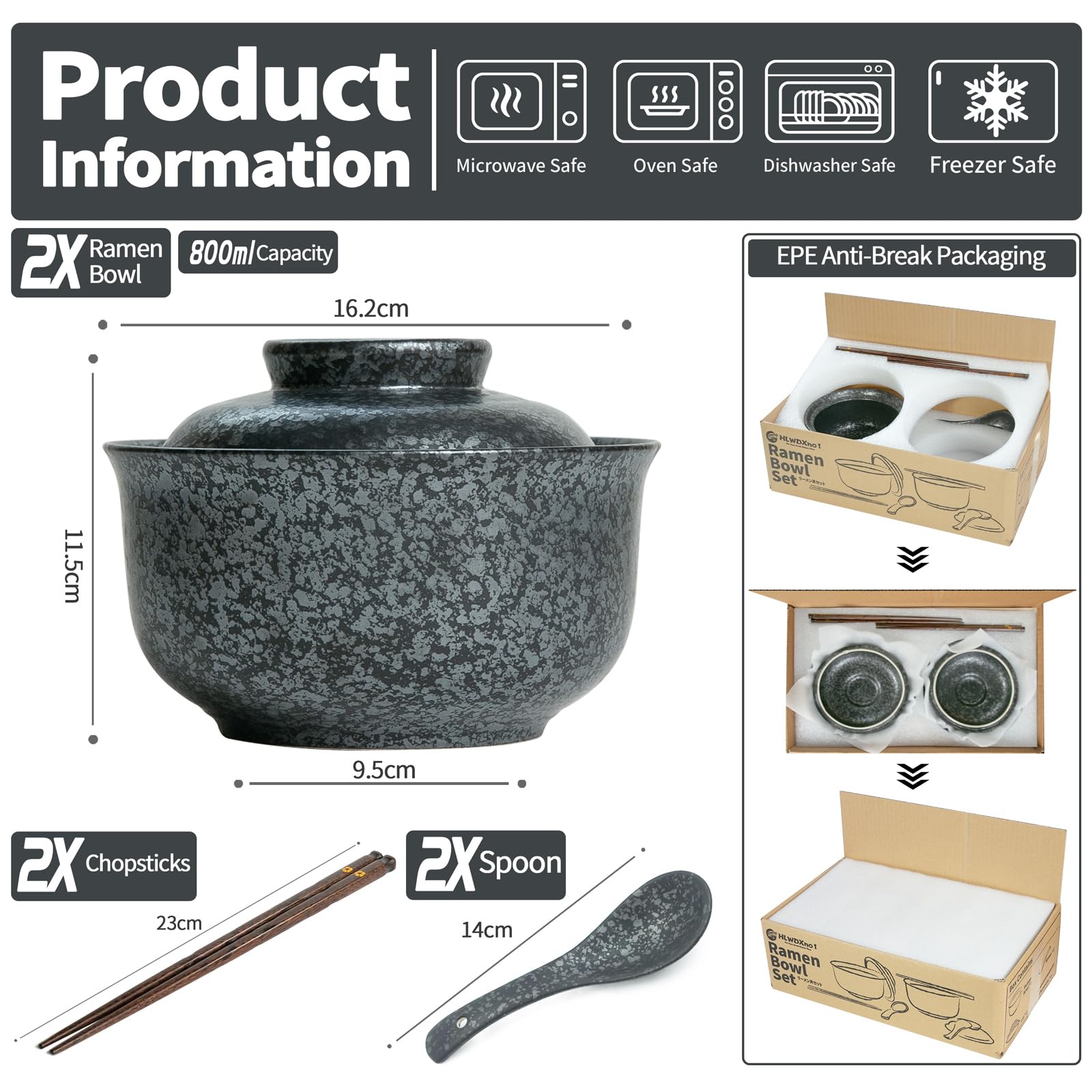 Lot de 2 bols à ramen en céramique de style japonais rétro avec baguettes et cuillères - Passe au micro-ondes et au lave-vaisselle - Passe au micro-ondes et au lave-vaisselle - Noir