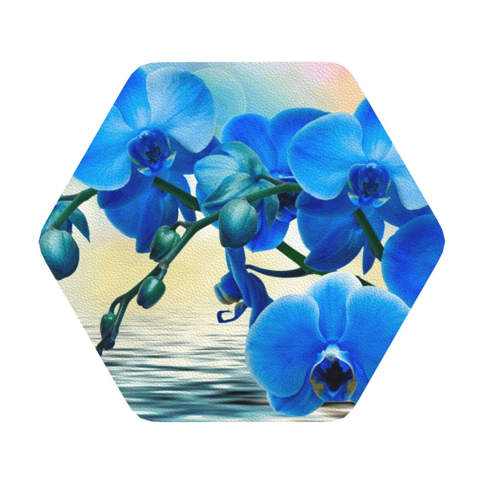 Beautiful Flower PU Leather Coasters Set of 6 Hexagon Drink Coasters