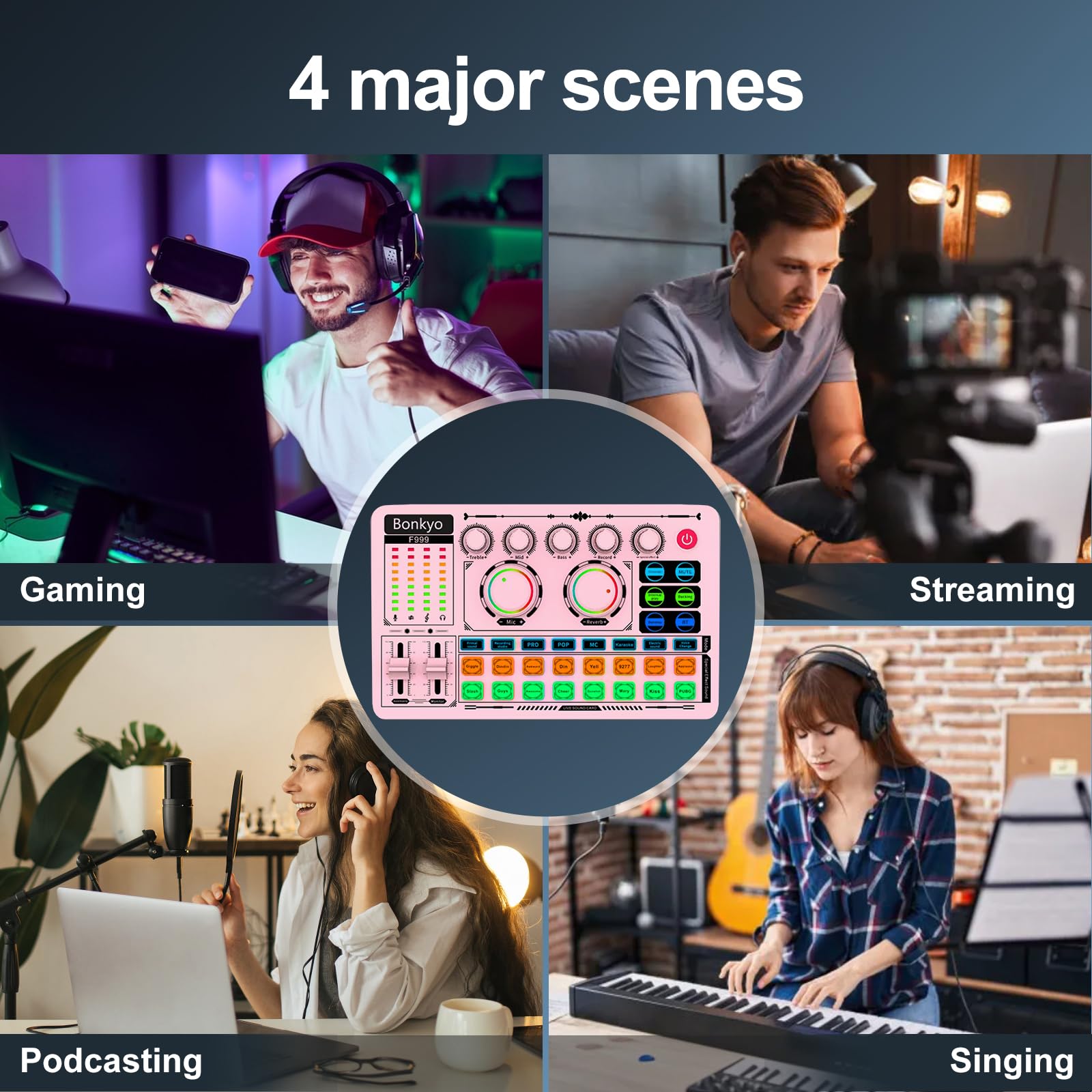 F999 - Scheda audio USB per live streaming, mixer audio professionale con riduzione del rumore, Bluetooth, batteria integrata, interfaccia audio e cambia voce, mixer DJ per live/gioco/podcast/karaoke