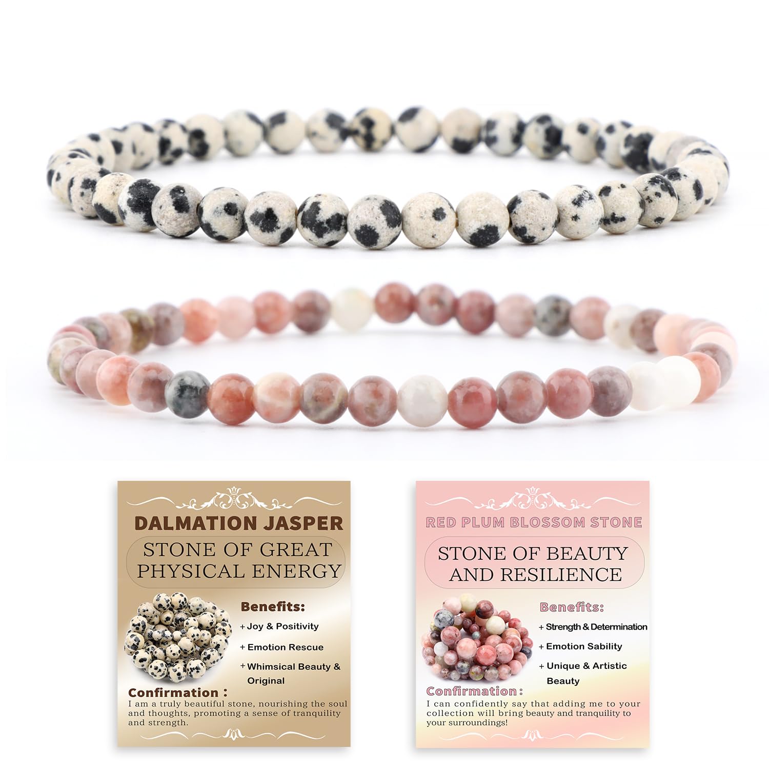 NCB 2-Piece 4mm Natural Crystal Gemstone Stretch Bracelets | Handmade Reiki Energy Healing Jewelry