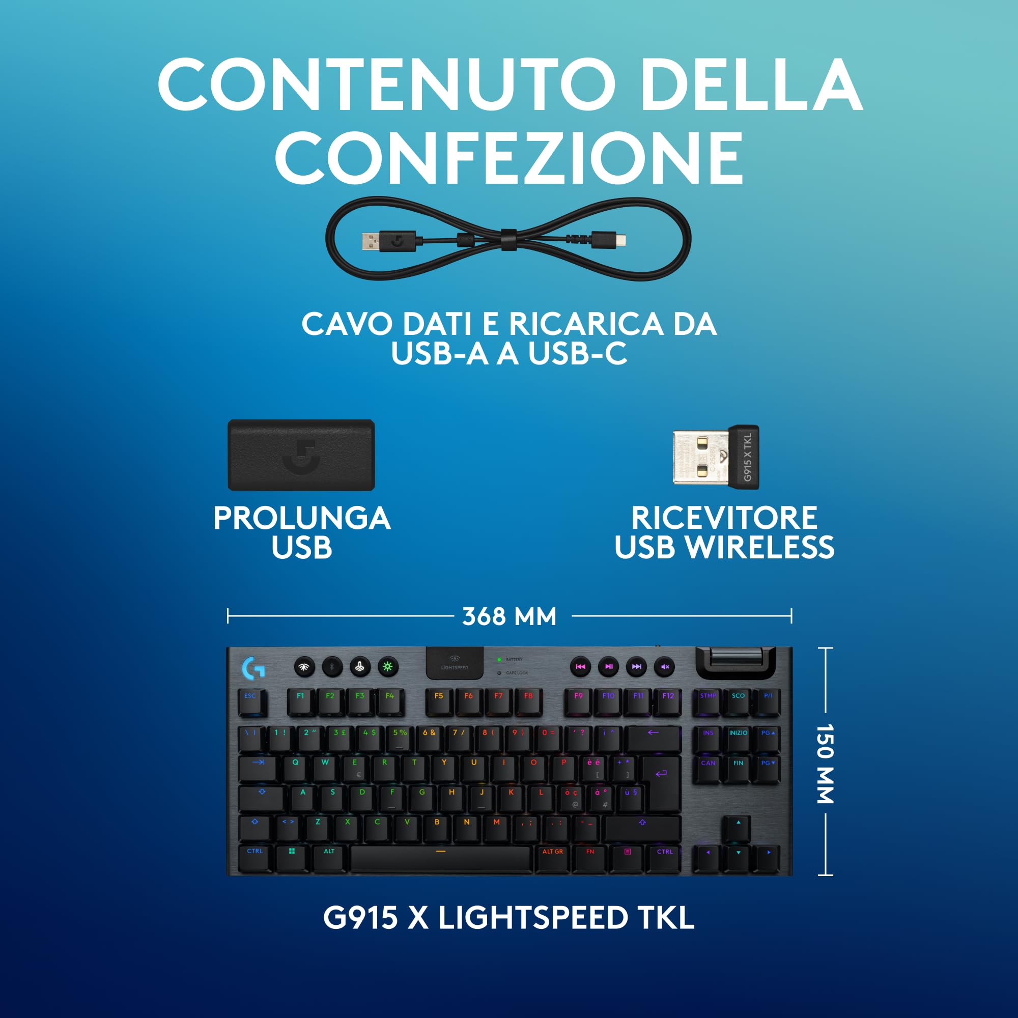 Logitech G G915 X LIGHTSPEED TKL Tastiera gaming wireless a profilo ribassato, copritasti in PBT bicomponente, tasti completamente programmabili, GL Brown Tactile - PC/Mac, ITA QWERTY Layout - Nero