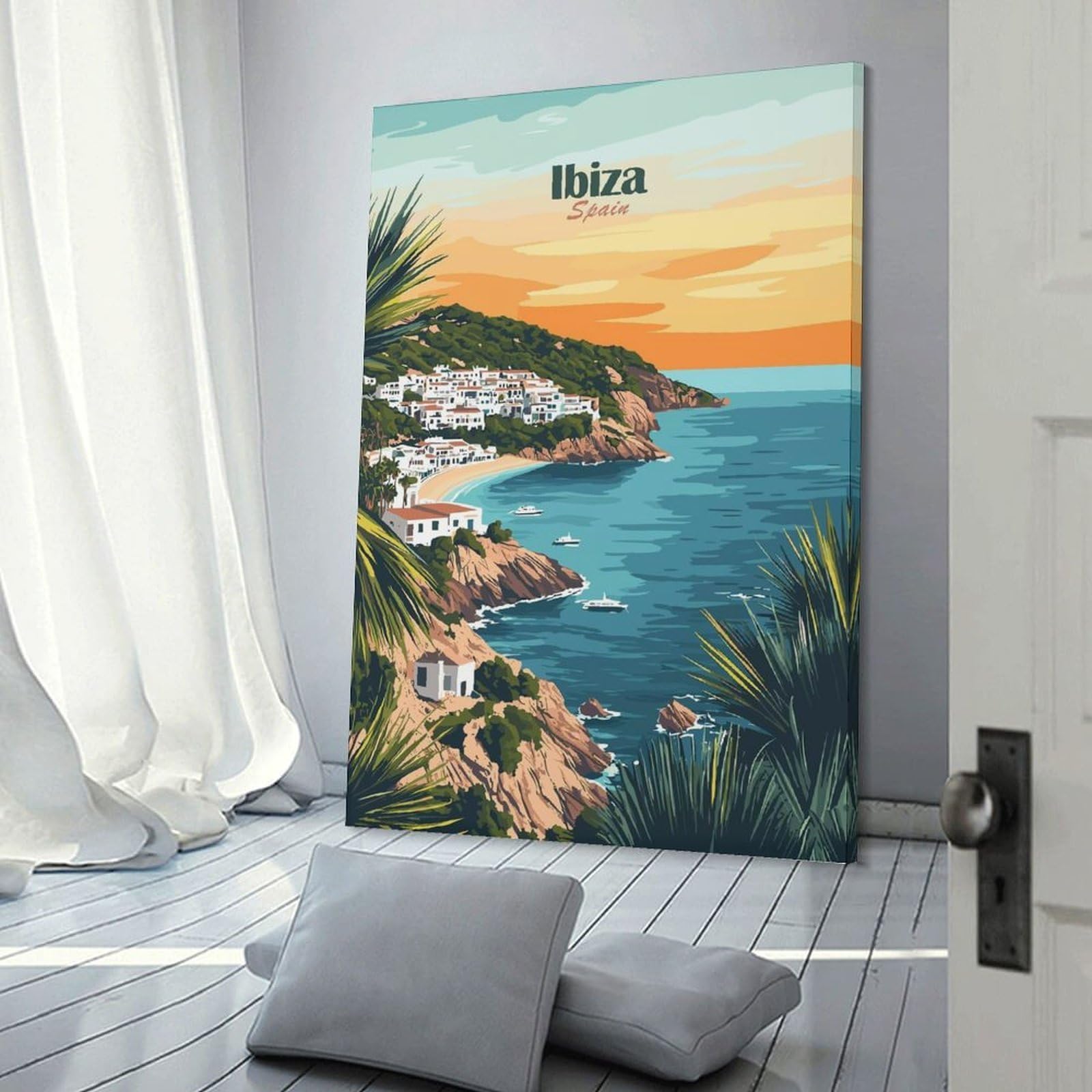 Junmoney Ibiza Sunset Coast Canvas Wall Art 12x18inch(30x45cm), for Wall Displays, Bedrooms Or Room Updates, Ideal for Building A Coordinated Art Wall