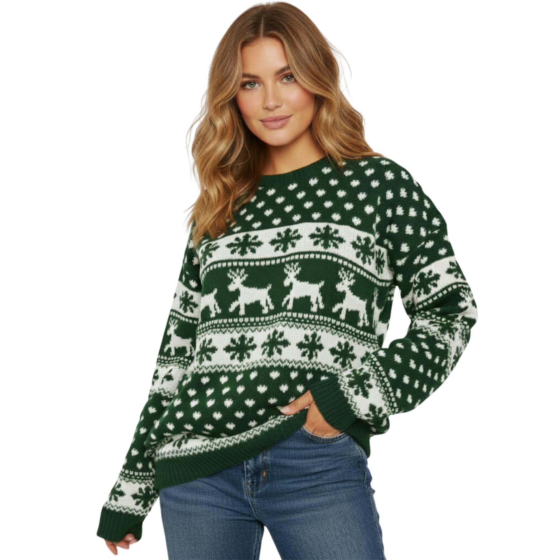 Hamishkane Women's Bottle Green Hamishkane® Christmas Jumpers - Xmas Knitted Reindeer Snowflake Print Xmas Jumper Uk, Funny Crew Neck Tunic Christmas Tops, Novelty Pullover Sweater, Ugly Christmas Jumpers For