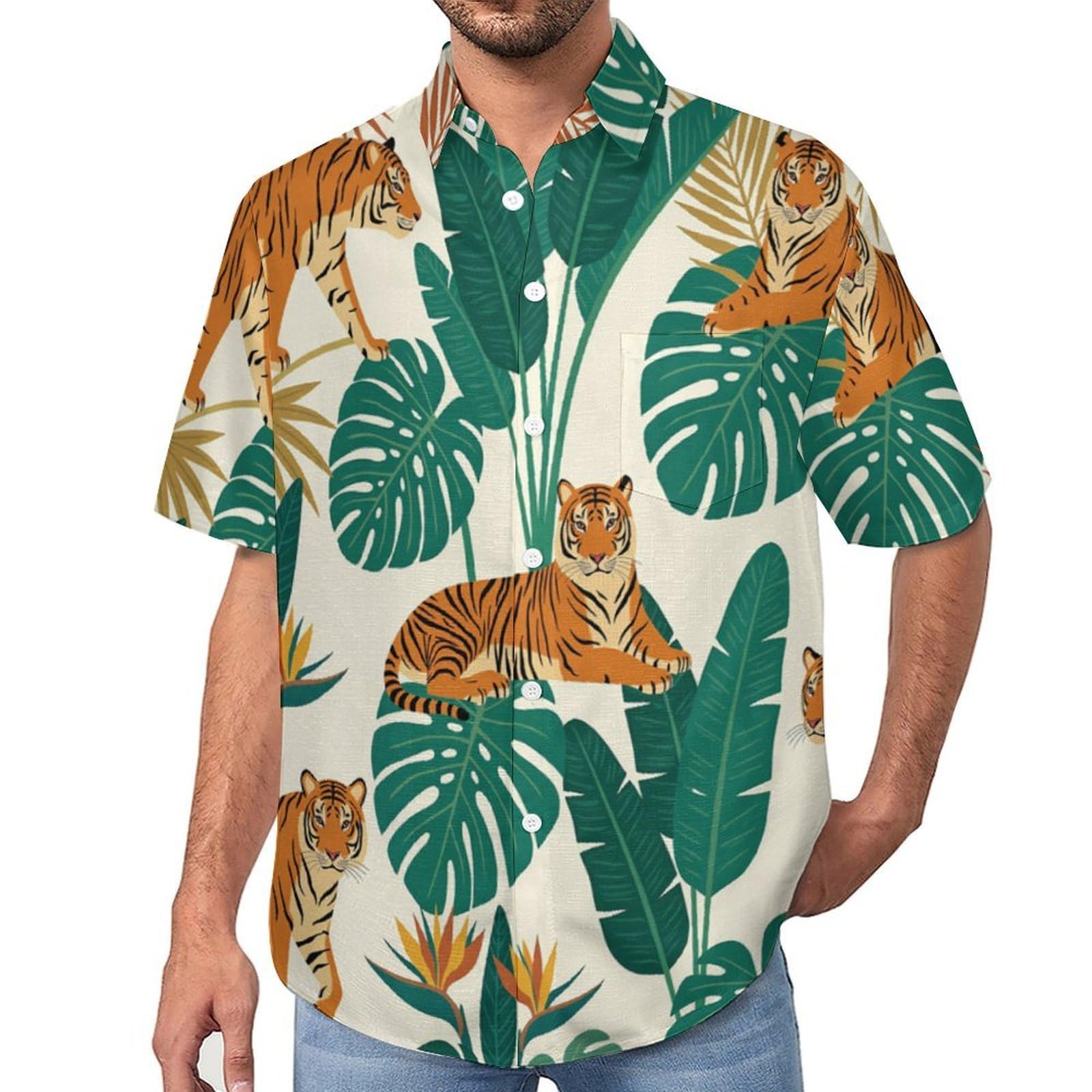 Camicie da Uomo a Maniche Corte con Stampa della Tigre della Giungla Piante Tropicali, Casual Leggere Bottoni Camicia con Tasca Frontale, per Vacanze Spiaggia Estate