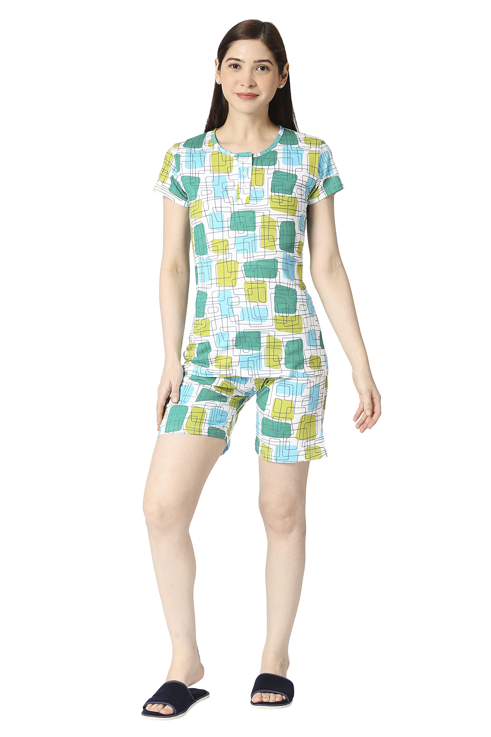 Zebuwomen's all over print top with neck open & Printed Shorts Pack of 1 Night Suit Set, Blue, 3XL