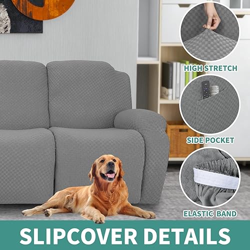 Vista 163 de YEMYHOM Funda elástica de 4 piezas para silla reclinable de jacquard con bolsillo lateral, antideslizante, ajustable, protector de muebles con parte