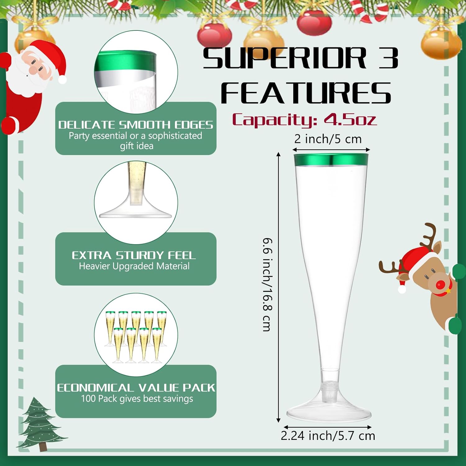 Zubebe 100 Pcs Plastic Champagne Flutes 4.5oz Classic Champagne Clear Plastic Cups Wedding Party Toasting Cocktail Cups Bulk Home Toasting Drinking Party(Green)