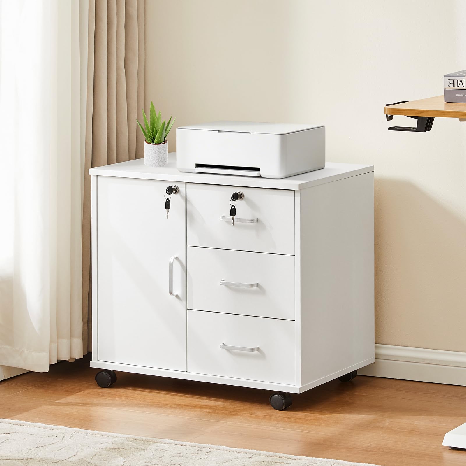 TUKAILAi 3-Drawer Mobile Filing Cabinet Lockable – Under Desk Pedestal on Castors, Printer Stand & Stationery Storage Unit for Home Office, Rolling File Drawer (White)