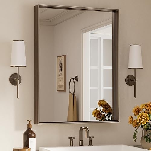 Miniatura 500 de Keonjinn Espejo de baño dorado de 48 x 36 pulgadas, espejo rectangular con marco de metal dorado cepillado, espejo de pared grande rectangular