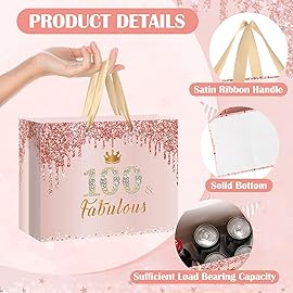 Yoirrat Rose Gold 100th Birthday Gift Bag for Women 100 & Fabulous Large Pink Happy 100th Birthday Gift Bag with Wrapping Paper and Card for 100th Bday Decorations Party Supplies
