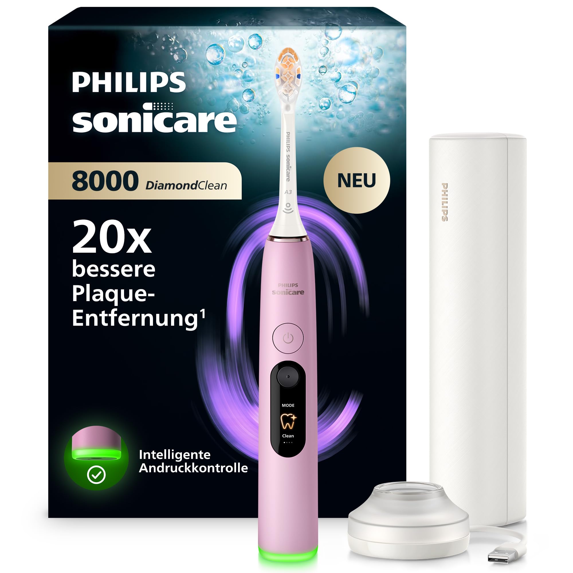 Philips Sonicare Next-Generation DiamondClean 8000 elektrische Zahnbürste - mit intelligenter Andruckkontrolle und 15 Einstellungen, Zartrosa, HX8311/15