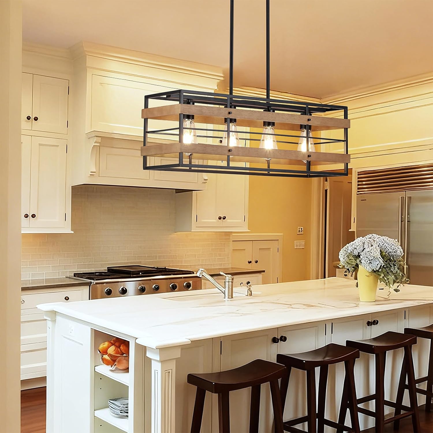 Farmhouse Dining Room Light Fixture Over Table, Rustic Adjustable Black Chandeliers for Dining Room, Rectangle Pendant Light Fixtures for Kitchen Island, 4-Light