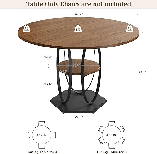 Miniatura 2 de Mesa de comedor redonda de 47 pulgadas para 4-6 personas, mesa de madera moderna con base de pedestal de metal resistente, fácil montaje, mesa de