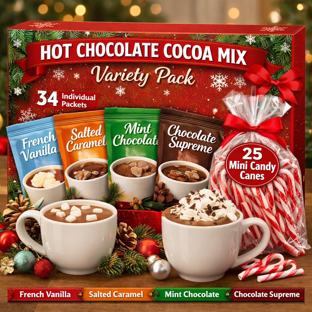Hot Chocolate Mix Variety Pack with Mini Candy Canes – 34 Count Instant Hot Cocoa Packets – French Vanilla, Salted Caramel, Mint & Chocolate Supreme – Christmas Gift