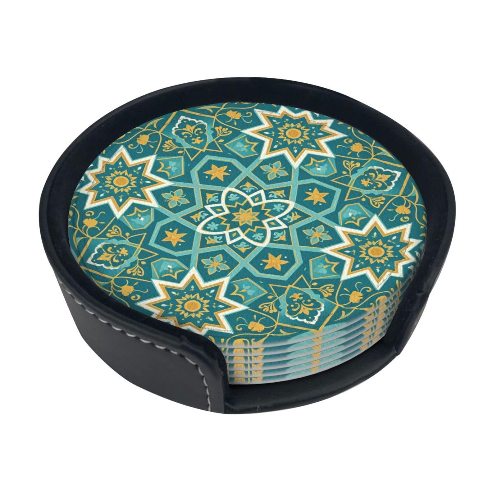 Alhambra Pattern Leather Coasters-Set of 6 with Storage Holder