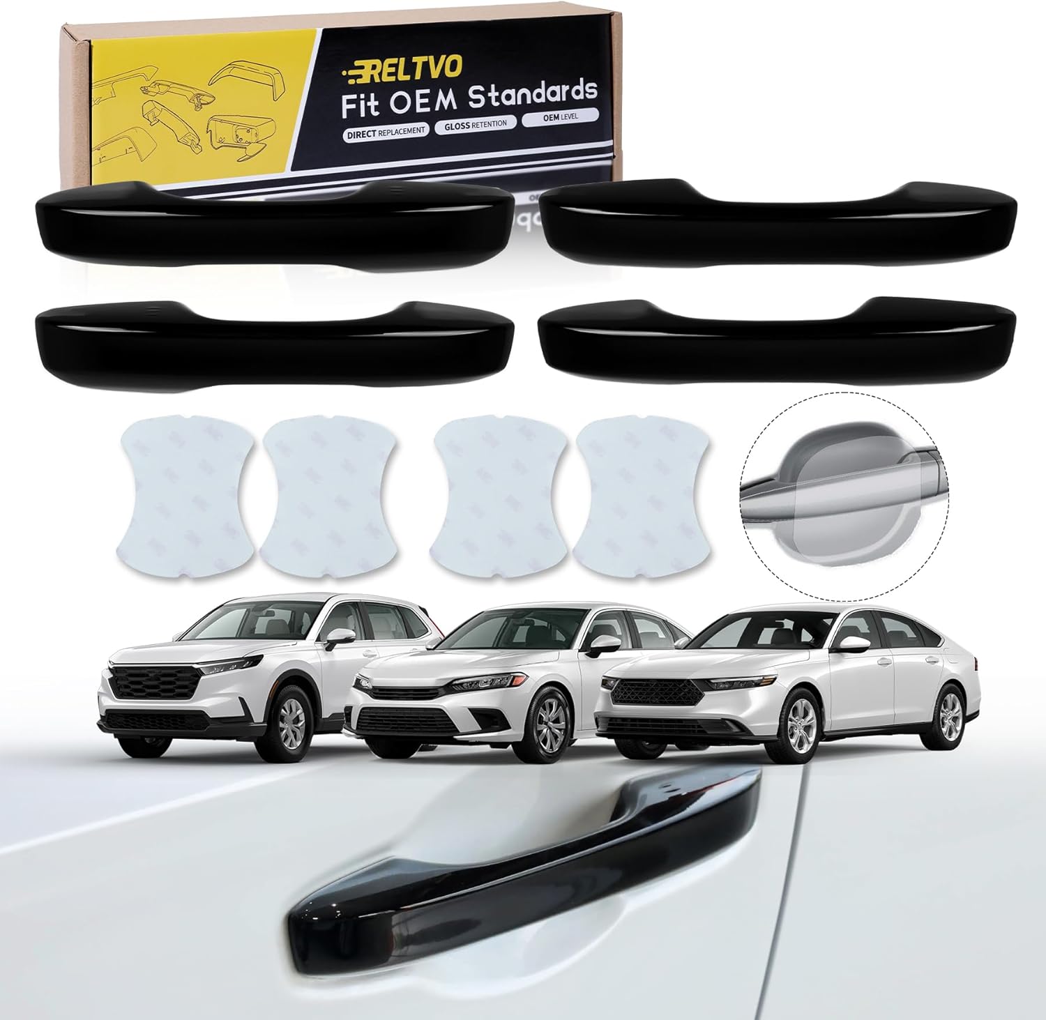 Curved Door Handle Cover Compatible with Honda Civic 2022-2025 11th Gen, Accord/CR-V/HR-V 2023-2025 – Front Pair, Glossy Black Exterior Trim (Glossy Black, Front and Rear Set) Glossy Black Front and Rear Set
