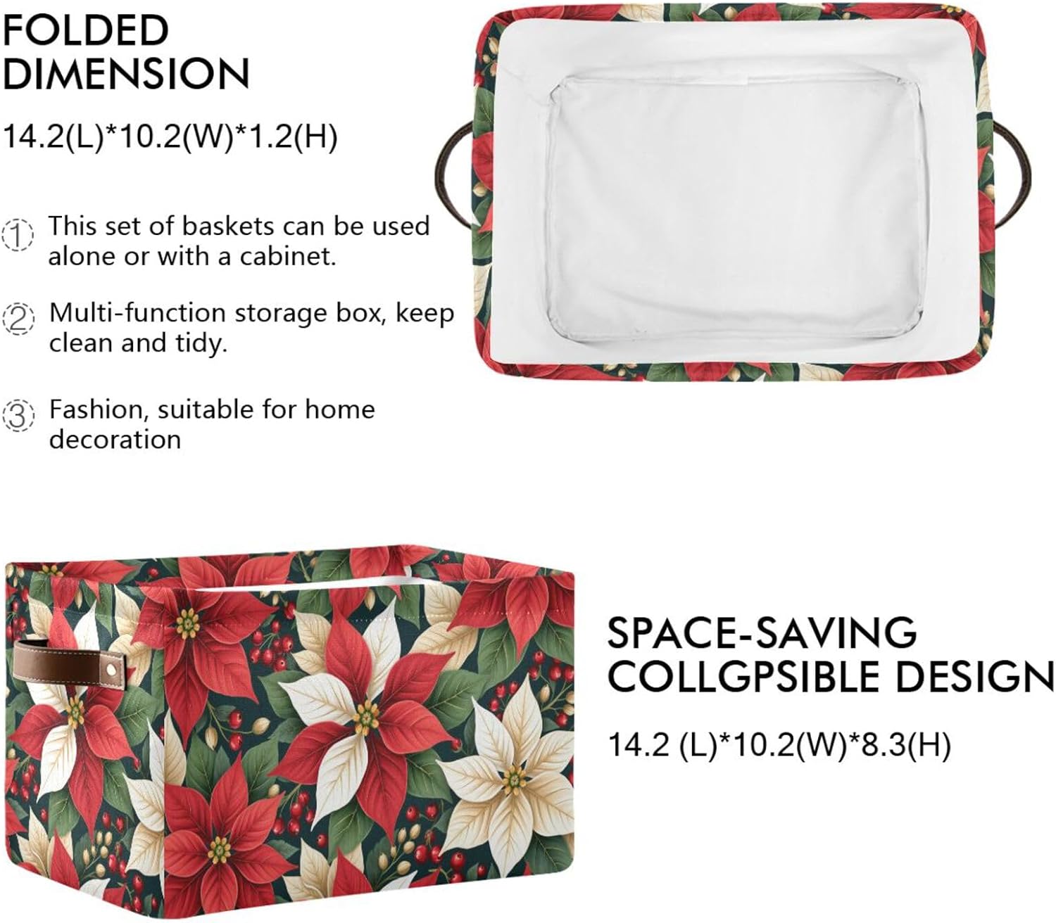 Aslsiy Storage Basket Red White Poinsettias Holly Leaves (5) Nursery Bins Baby Box Canvas Clothes Shelf Basket Laundry Hampers 1 Pcs