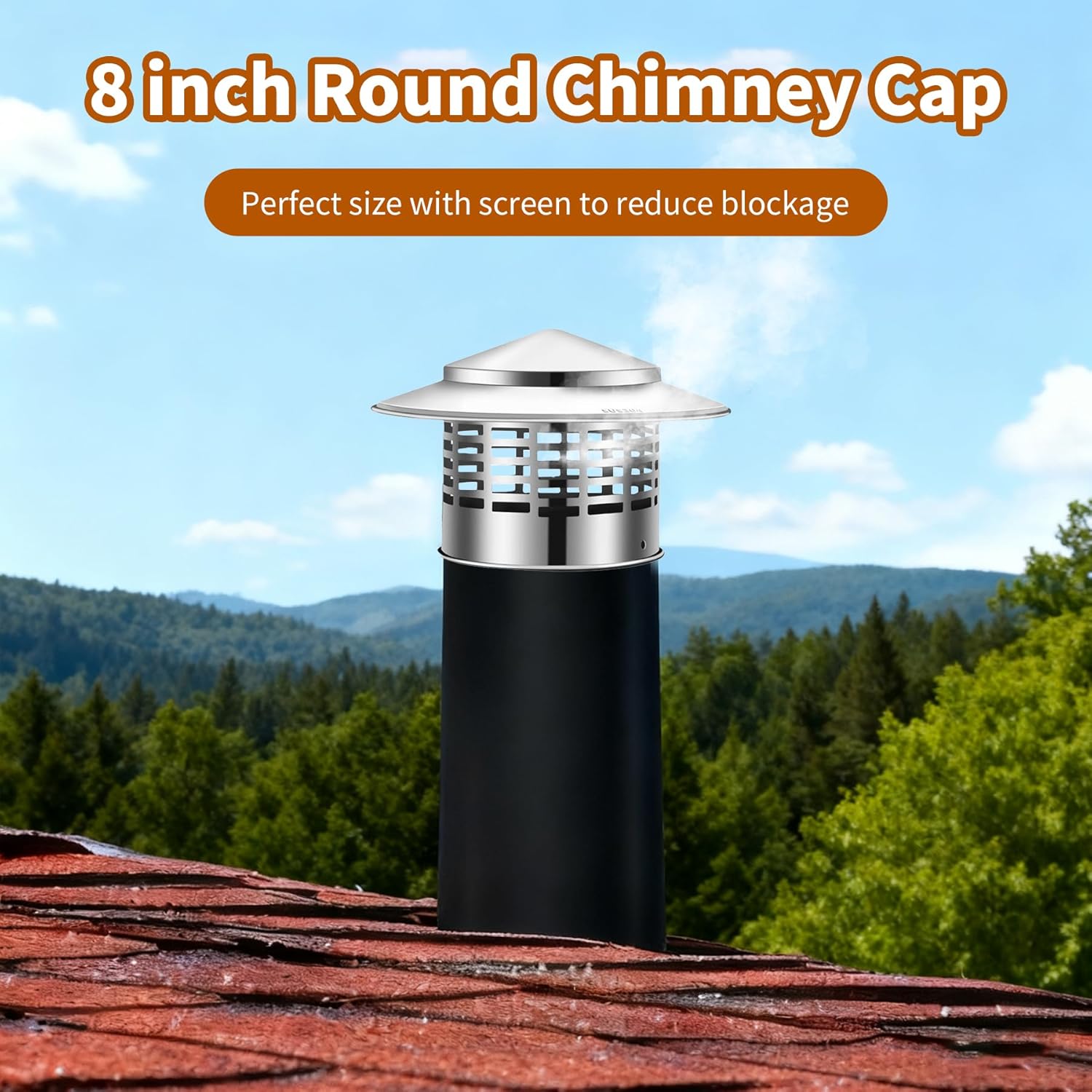 8 Inch Chimney Cap, 304 Stainless Steel Stove Pipe Cap with Spark Arrestor Mesh, Dual Fastening System for 8" Inner Diameter Wood Stove Pipe