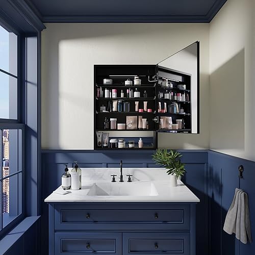 Miniatura 2 de Gabinetes de medicina para baño con espejo iluminado, espejo de tocador de baño con salidas y USB, antiniebla, cuadrado, luz LED, botiquín para