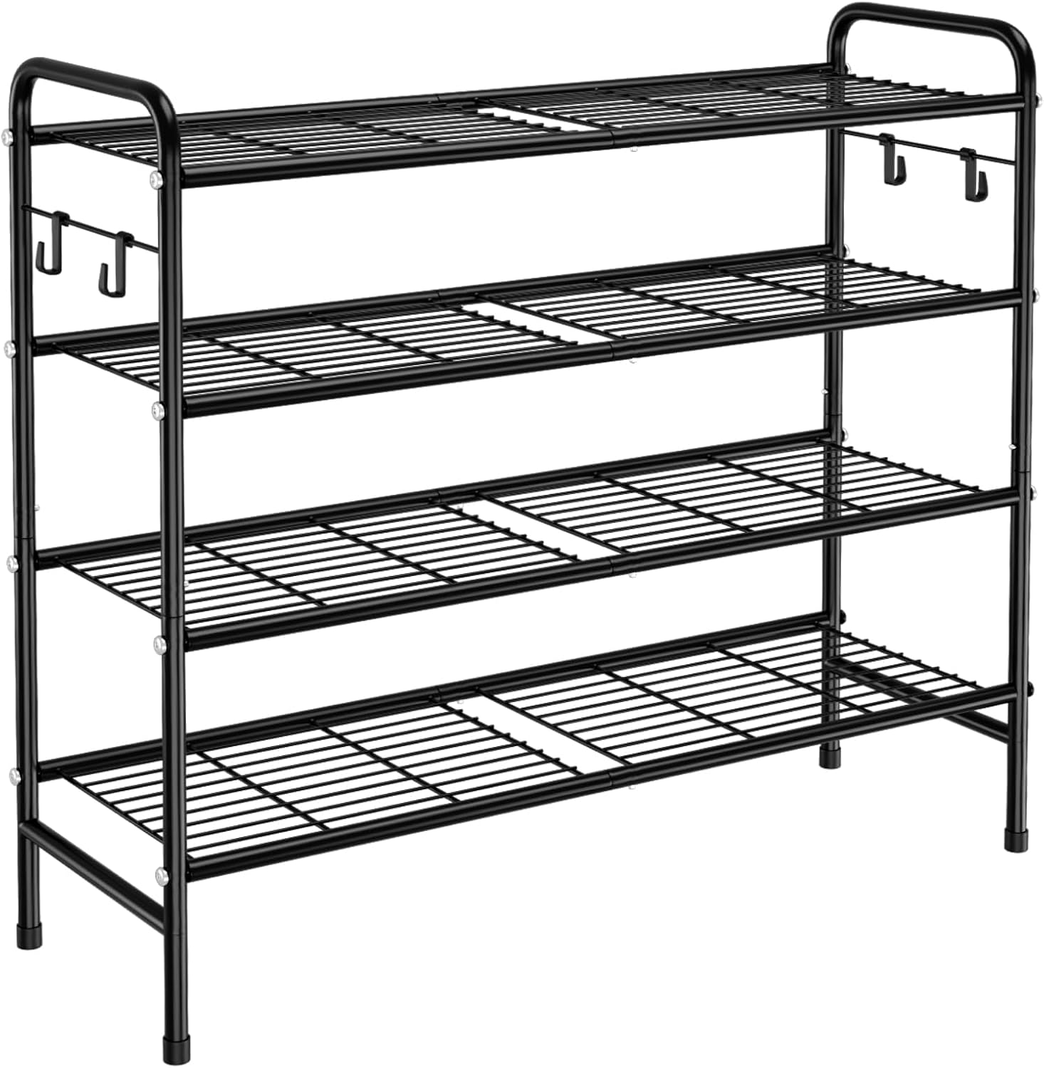 4-Tier Shoe Rack 33″ Wide Metal Shoe Organizer Long Shoe Storage with 4 Side Hooks Sturdy Shoes Shelf for Closet, Front Door Entrance, Garage, Dorm, Black