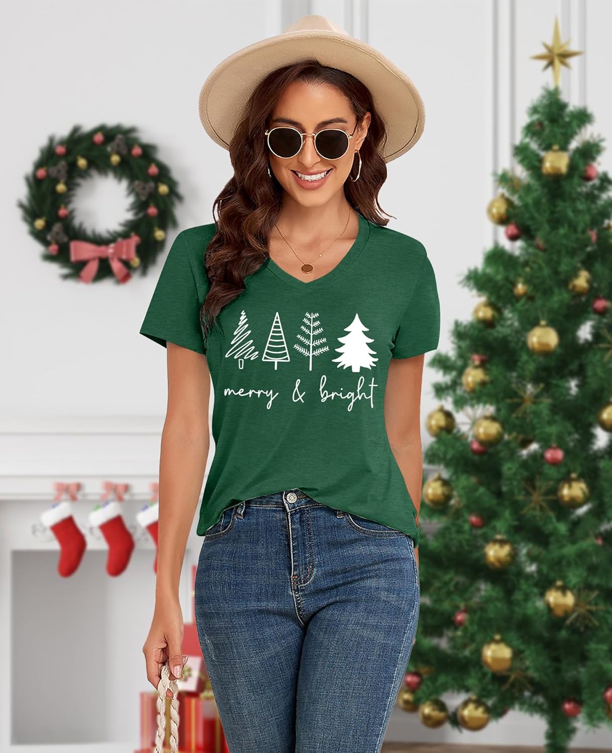 Christmas Shirts for Women: Merry Christmas V Neck T Shirt Xmas Tree Graphic Tees Christmas Vacation Short Sleeve Tops - Image 3
