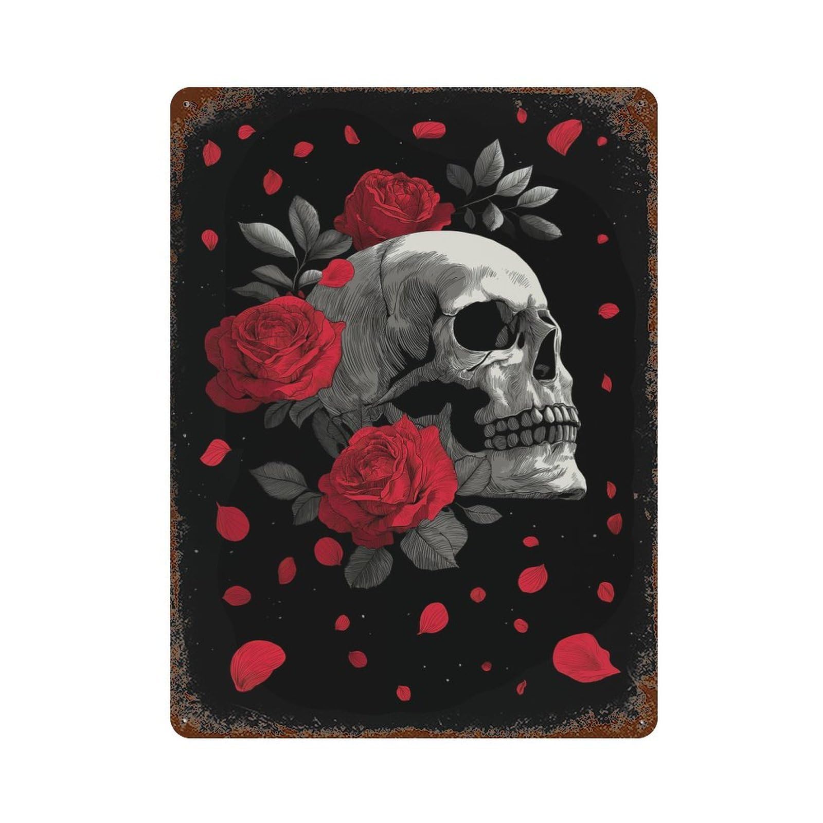 Retro Metal Sign Skull And Roses on Black Background 15.7"x11.8", Decorative Metal Wall Art for Pub, Kitchen And Man Cave Decor
