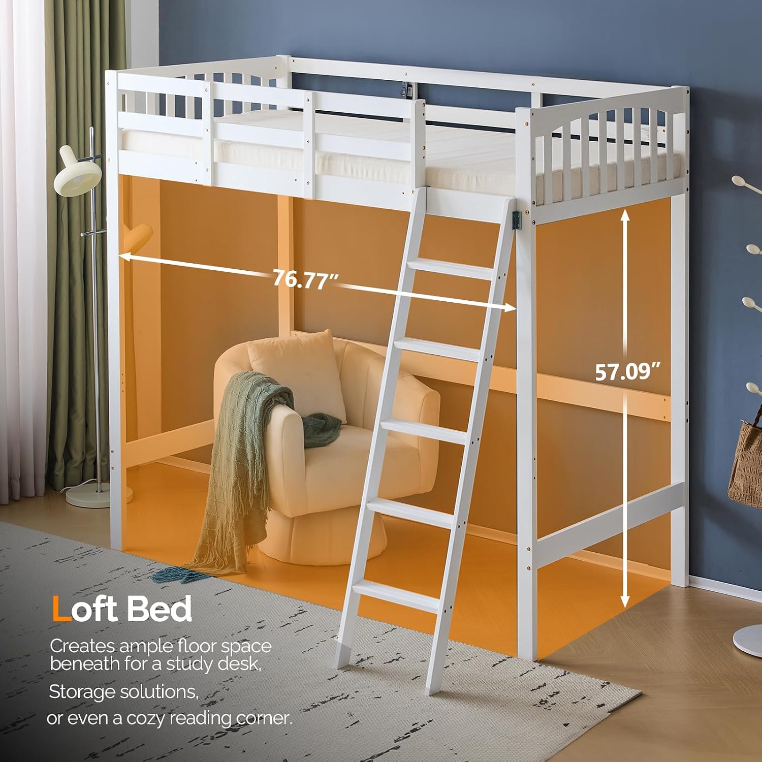 VINGLI Loft Bed showing ample space underneath for a chair or desk, highlighting its space-saving benefits.