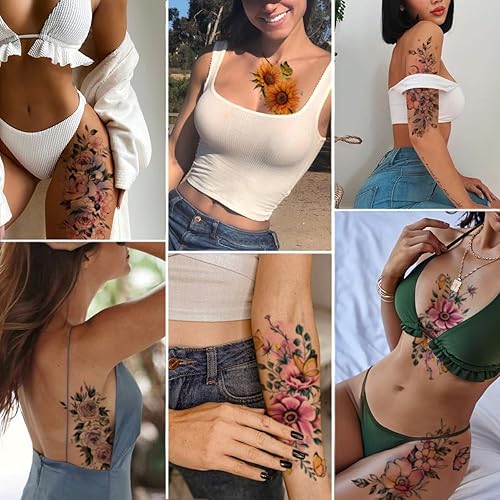 Miniatura 5 de CHARLNET - Tatuajes temporales de flores de acuarela para mujeres y niñas, 10 hojas grandes, tatuajes falsos florales sexys para mujeres, arte