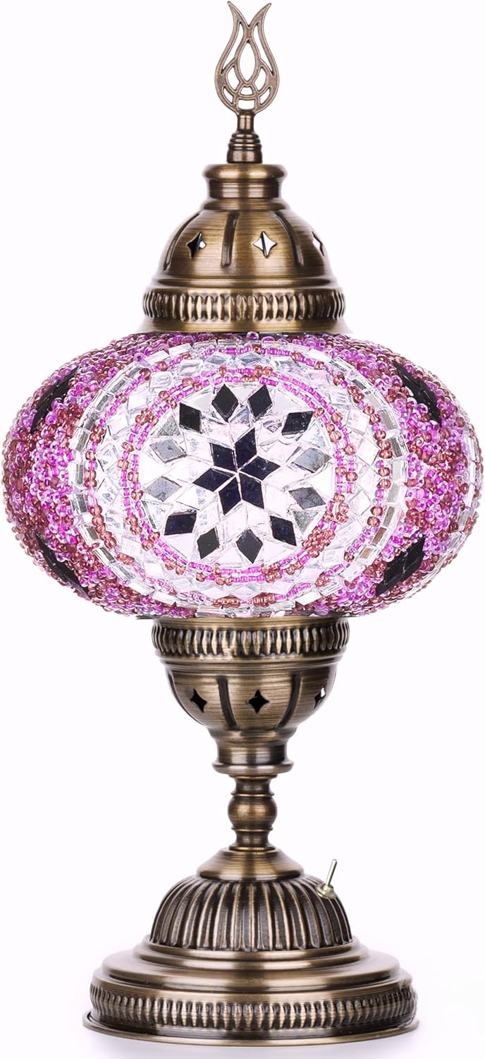 DEMMEX Battery-Operated Turkish Moroccan Mosaic Table Lamp – 12”H, 5”W, Portable Stained Glass Lantern for Indoor & Outdoor Use, Cordless Handmade Decorative Light for Bedroom, Patio & Camping, Lilac