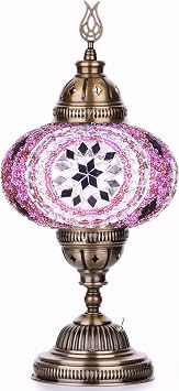 DEMMEX Battery-Operated Turkish Moroccan Mosaic Table Lamp 12H, 5W, Portable Stained Glass Lantern for Indoor & Outdoor Use, Cordless Handmade Decorative Light for Bedroom, Patio & Camping, Lilac