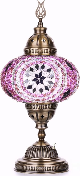 DEMMEX Battery-Operated Turkish Moroccan Mosaic Table Lamp 12H, 5W, Portable Stained Glass Lantern for Indoor & Outdoor Use, Cordless Handmade Decorative Light for Bedroom, Patio & Camping, Lilac