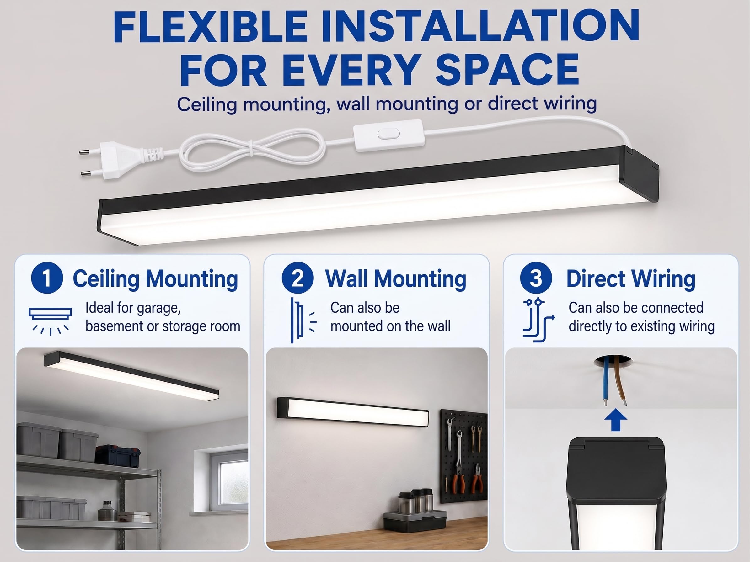 BrightFly Striscia luminosa a LED nera, 120 cm, confezione da 2 pezzi, spina UE 3CCT | 3 temperature di colore 3000 K/4000 K/6500 K, 3610 lm, moderna lampada da soffitto per cucina, garage, cantina e officina