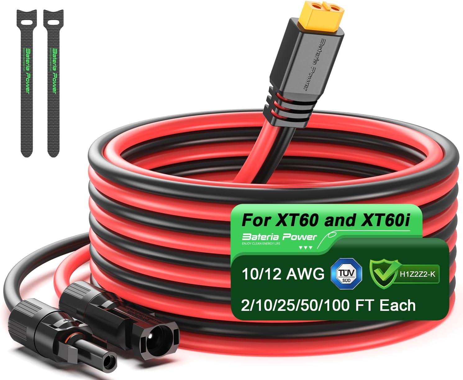 Bateria Power Solar to XT60 Charge Extension Cable 12AWG 20Ft Solar Connector to XT60 Adapter Cable for Solar Panel to LiFePO4 Battery RV Portable Power Station Solar Generator (20FT)