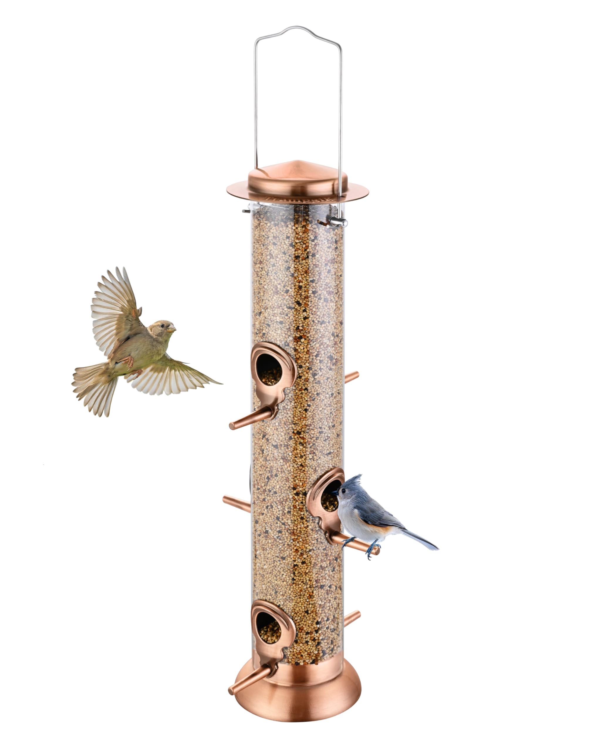 Bird Feeders for Outdoors,15 Inch 6 Ports Squirrel Proof Bird Feefers,Finch Feeder for Outside,Chew-Proof Metal Hanging Bird Feeder,Rust-Proof,Easy to Refill & Clean,Copper,Pack of 1