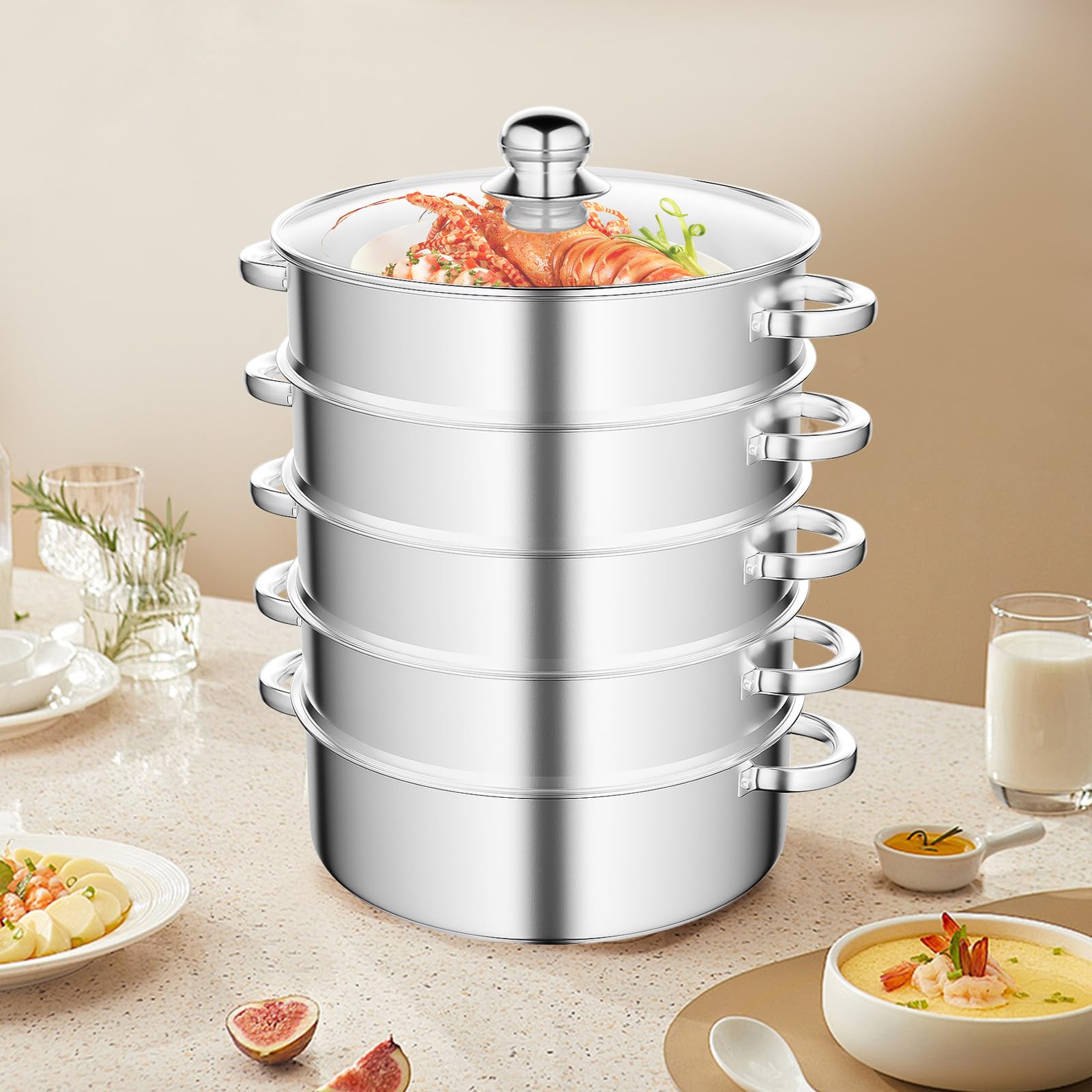 Vaporera de acero inoxidable, 28 cm, 5 pisos, para cocina, con tapa